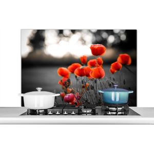 Spatscherm keuken 100x65 cm - Kookplaat achterwand Rode Klaprozen tegen zwarte met witte achtergrond - Muurbeschermer - Spatwand fornuis - Hoogwaardig aluminium