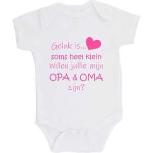 100% katoenen Romper Zwangerschap Aankondiging 2.0 ""Geluk is soms heel klein willen jullie mijn OPA & OMA zijn?"" Unisex Katoen Wit/roze Maat 62/68
