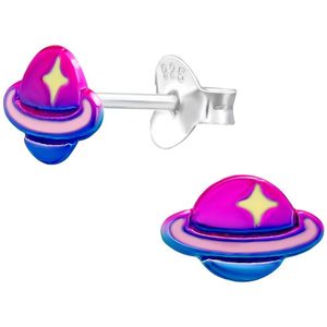 Joy|S - Zilveren planeet oorbellen - saturnus - 9 x 6 mm - paars roze met gele ster