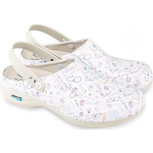 NursingCare Wash&Go Care Wit - 40 - Medische Klompen - Werkklompen - Klompen Dames - Medische Schoenen - Met Print - Anti-slip