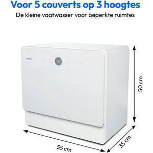 MEDION Mini Vaatwasser DWT50 (tafelmodel vaatwasser, vaatwasser, 5 couverts, werkt met/zonder wateraansluiting, emmerfunctie, 35 cm diep, 7 reinigingsprogramma's, MD 37775) wit