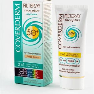 Coverderm Filteray Face Plus Getint / Getinte 2in1 zonnecrème voor de vette, acnegevoelige huid Licht Beige SPF 50+ 50 ml