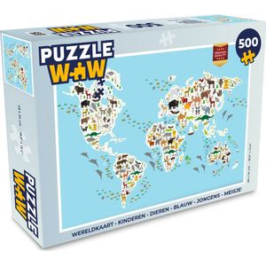 Puzzel Wereldkaart - Kinderen - Dieren - Blauw - Jongens - Meisjes - Legpuzzel - Puzzel 500 stukjes
