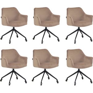 Bronx71® Eetkamerstoel met wieltjes Quinn taupe velvet - Eetkamerstoelen set van 6