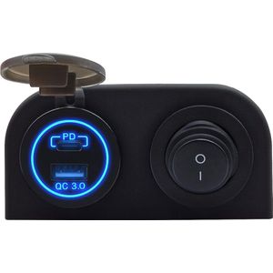 ProRide 12V USB/USB C Stopcontact 2 Poorten - Opbouw - QC3.0 - Tweevoudig opbouw - Blauw
