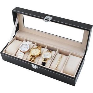 Luxe Horlogedoos Met Kussentjes - Horloge-Opbergbox Houder Kist - Opbergkist Heren/Dames - Zwart Leer - 6 Horloges Compartimenten