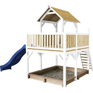 AXI Atka Speeltoestel in Bruin/Wit - Speeltoren met Verdieping, Zandbak en Blauw Glijbaan - FSC hout - Speelhuisje op palen met veranda voor kinderen - Speeltoestel voor de tuin / buiten