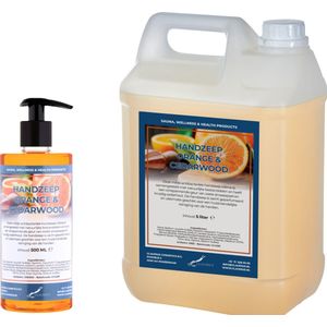 Handzeep Sweet Orange & Cedarwood 500 ml met gratis pompje - hervulbaar + Jerrycan 5 liter navulling
