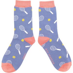 Miss Sparrow Bamboe sokken dames tennis - denim - Print van tennisrackets en tennisballen