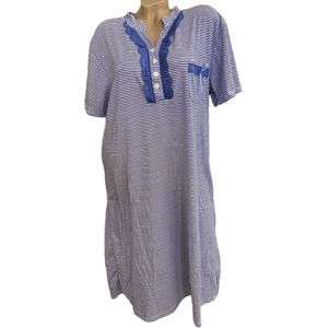 Dames nachthemd korte mouwen 6501 gestreept M wit/blauw