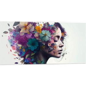 PVC Schuimplaat- Vrouw met Kapsel van Kleurrijke Bloemen tegen Witte Achtergrond - 100x50 cm Foto op PVC Schuimplaat