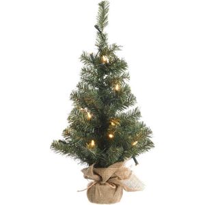 Everlands mini kunstkerstboom - 60 cm hoog - In jute zak - Met verlichting