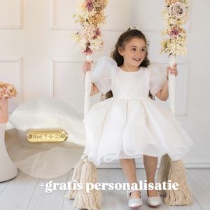 AVEYA® - Luxe Witte Meisjesjurk Lara - A-lijn Feestjurk met Pofmouwtjes - Bruidsmeisjes Jurk - Bloemenmeisje Jurk - Doopjurk - Kerstjurk - Eerste Verjaardag Jurk - Inclusief Gratis Personalisatie met Naam of Datum - Maat 92