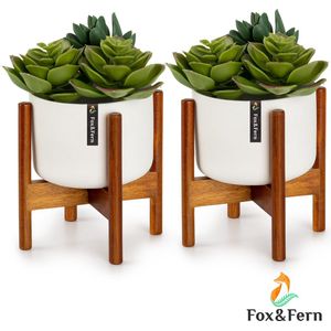 Fox&Fern Thorn Bloempot met standaard plantenhouder - Set van 2 - jaren 50 stijl - 10 x 12 x 10 cm (BxHxD) - Plantenstandaard: acaciahout - Bloempot: keramiek - Tijdloos design - 2 Hoogtes - Wit