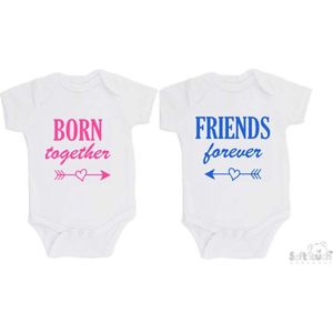 100% katoenen Rompers 2-pack ""Born together Friends forever"" Jongens Katoen Wit/blauw & Wit/roze Maat 56/62