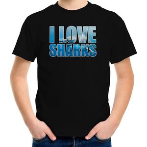 Tekst shirt I love sharks met dieren foto van een haai zwart voor kinderen - cadeau t-shirt haaien liefhebber - kinderkleding / kleding 146/152
