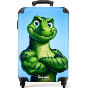 NoBoringSuitcases.com® - Kinderkoffer jongen - Groene dino - Kindertrolley jongens - Handbagage koffer lichtgewicht - Reiskoffer trolley kinderen - Rolkoffer met wieltjes - Past binnen 55x40x20 en 55x35x25