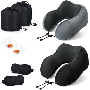 Ergonomisch nekkussen met slaapmasker en oordopjes - ideaal voor reizen - set van 2