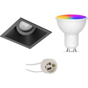 LED Spot Set GU10 - Facto - Smart LED - Wifi LED - Slimme LED - 5W - RGB+CCT - Aanpasbare Kleur - Dimbaar - Afstandsbediening - Pragmi Zano Pro - Inbouw Vierkant - Mat Zwart - Kantelbaar - 93mm