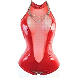 Jumpsuit - Maat S/M - Wetlook - Datex mix van latex en stof met ketting Rood