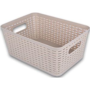 Stijlvolle Rechthoekige Opbergmand voor Kinderkamer - 15 cm Hoog - Beige Kunststof / Rattan Patroon - 35x25 cm