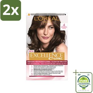 L'Oréal Excellence Crème Permanente Crèmekleuring 4 Middenbruin - Voordeelverpakking - 2 stuks - Haarverf - Permanente haarkleuring