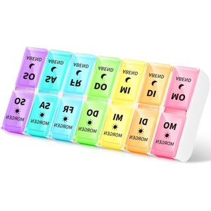 Allecto plus - Pillendoos met 2 vakken per dag, Duitse tablettenbox voor 's ochtends en 's avonds, afneembare pillendoos, medicijnbox met weekoverzicht, 14 vakken.