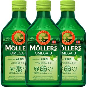 Möller’s Omega-3 Levertraan Appel - 3 x 250ml - Omega-3 visolie – Levertraan vloeibaar – Levertraan met smaak van appel