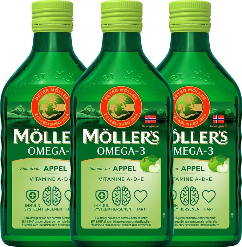 Möller’s Omega-3 Levertraan Appel - 3 x 250ml - Omega-3 visolie – Levertraan vloeibaar – Levertraan met smaak van appel