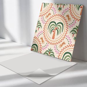 Wallfluent Vinyl Wandpaneel - Tropisch plantenpatroon Wandpaneel PVC - 50 cm x 50 cm - Romig Vinyl Wandpaneel - Set van 4 - Vierkant Wandbekleding Vinyl - Bloemen en planten Wandpaneel - Zelfklevend Wandpaneel - Wandpaneel Keuken en Badkamer