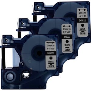 DULA Dymo D1 45022 Compatible label tape - 3 lettertapes - Zwart op zilver - 12mm x 7m