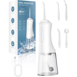 Waterfloss, waterfloss voor tanden, 300ml IPX7 waterdichte orale irrigator, 3 modi en 4 vervangbare mondstukken, professionele tandheelkundige floss reinigingspaddels, geschikt voor gezinsreisgom, beugel verzorging (wit)