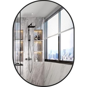 Ovale wandspiegel, 50 x 70 cm, met aluminium frame, decoratieve HD-wandspiegel, make-upspiegel voor badkamer/kleedkamer/woonkamer, onbreekbare spiegel (zwart)