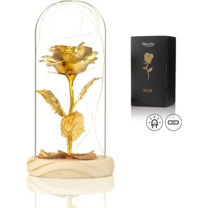 Luxe Roos in Glas met LED – Gouden Roos in Glazen Stolp – Moederdag - Cadeau voor vriendin moeder haar - Goud met Blaadjes - Lichte Voet – Qwality
