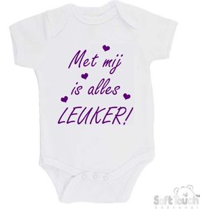 100% katoenen Romper "Met mij is alles LEUKER!" Meisjes Katoen Wit/paars Maat 62/68