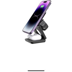 Magnetische 3-in-1 oplader. Multifunctioneel laadstation. All-in-one oplaadstation. Drievoudig oplaadstation. Triple charging dock. Universeel laadstation. (Draadloos) 15W (Zwart).