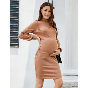 Zwangerschapsjurk Voor Dames, Zwangerschapsjurken Met Lange Mouwen, Coltrui En Plooien Aan De Zijkanten Khaki S