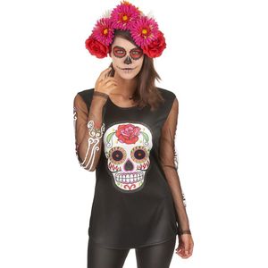 Gekleurd skeletten t-shirt voor dames Dia de los Muertos  - Verkleedkleding - One size
