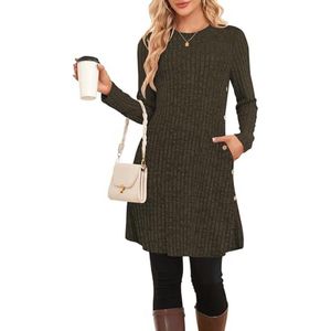 Dames Trui Jurk Lange Mouw met Knopen en Zakken - Herfst en Winter Tuniek