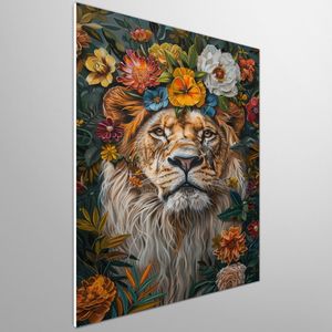 Leeuw met bloemen | Brullende leeuw omarmt de pracht van kleurrijke bloemenzee | Kunst - 100x150 centimeter op Forex | Foto op Forex