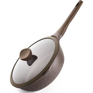 Just Perfecto Wokpan Met Deksel - 28 Cm - Wokpan Inductie Pan Met Anti-Aanbaklaag - Diepe Braadpan Voor Alle Warmtebronnen, Inclusief Inductie - PFOA PFAS Vrij - Softtouch Koudgreep - Marmeren Coating - Wokpan - Bruin