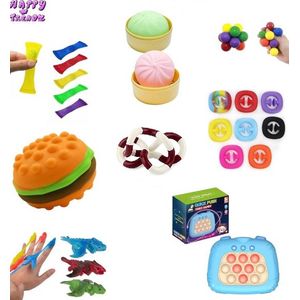 Happy Trendz® Mix Fidgets Toppers Super Pakket - Alle Toppers in 1 - December pakket 2023 - Quick Push Game SlingShot Dino - dumpling squishy - Snappers Fidget - friemelketting - Dumpling Squishy - Mesh Marble - Hamburger Squishy Pop It - 13Delig