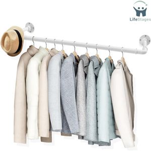 LifeStages - Kledingroede Muur - Industriële Buis Kledingrekken - Wandmontage Industrieel - Ruimtebesparend Wandrek - Keukenrek Voor Winkel - 83cm - Wit
