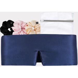 Lune & Eve® Silk Sleep & Style Set – Donkerblauw – Zijden Slaapmasker, Grote Scrunchies & Waszakje – 23 Momme Mulberry Silk – Antibacterieel & Hypoallergeen – Haarvriendelijke Slaapbundel