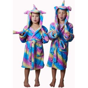 Unicorn kinderbadjas – Badjas kind unicorn – Kinderbadjas regenboog kleuren – Meisjes badjas met  oortjes – Kinderbadjas meiden – Kinderbadjas meisjes – Fleece kinderbadjas vrolijke kleuren – Kinderbadjas capuchon – L (134-140)