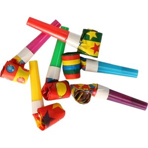 Faram Party Blaas toeters - roltongen party mini toetertjes - 6x stuks - Mix kleuren - papier