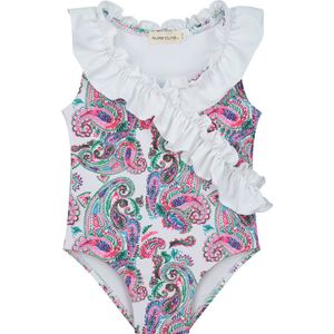 Supercute baby badpak wit paisley met witte ruffels maat 74/80