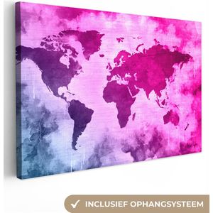 Canvas Wereldkaart - 150x100 - Wanddecoratie Wereldkaart - Blauw - Roze