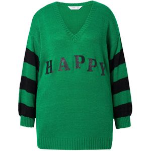 Angel of Style Angel of Style - Dames - Trui oversized HAPPY gestreepte mouwen - Groen - Maat 42+