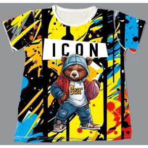Stoer t shirt voor jongens van Icon met beren erop. Rugzijde is wit. Materiaal: 50% polyester/50% viscose Maat 152.